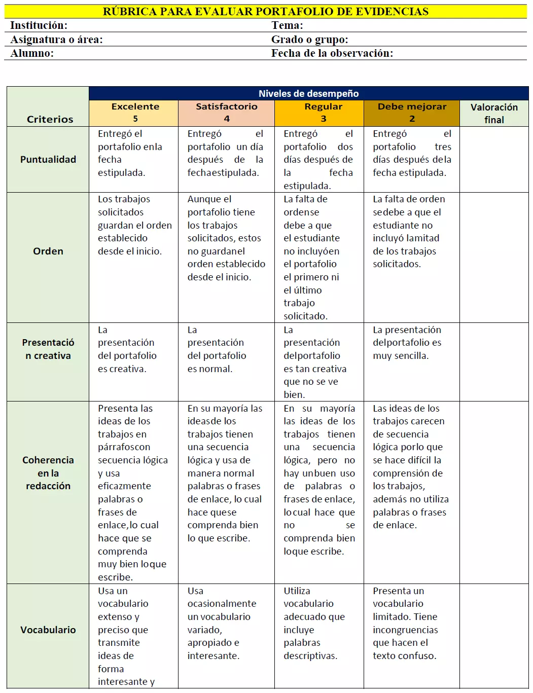 R brica Para Evaluar Portafolio De Evidencias GU A DE APRENDIZAJE R brica Para Evaluar Portafolio De Evidencias GU A DE APRENDIZAJE
