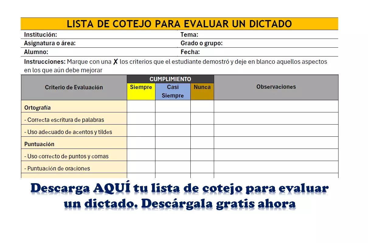 Lista de cotejo para evaluar un dictado - TU GUÍA DE APRENDIZAJE